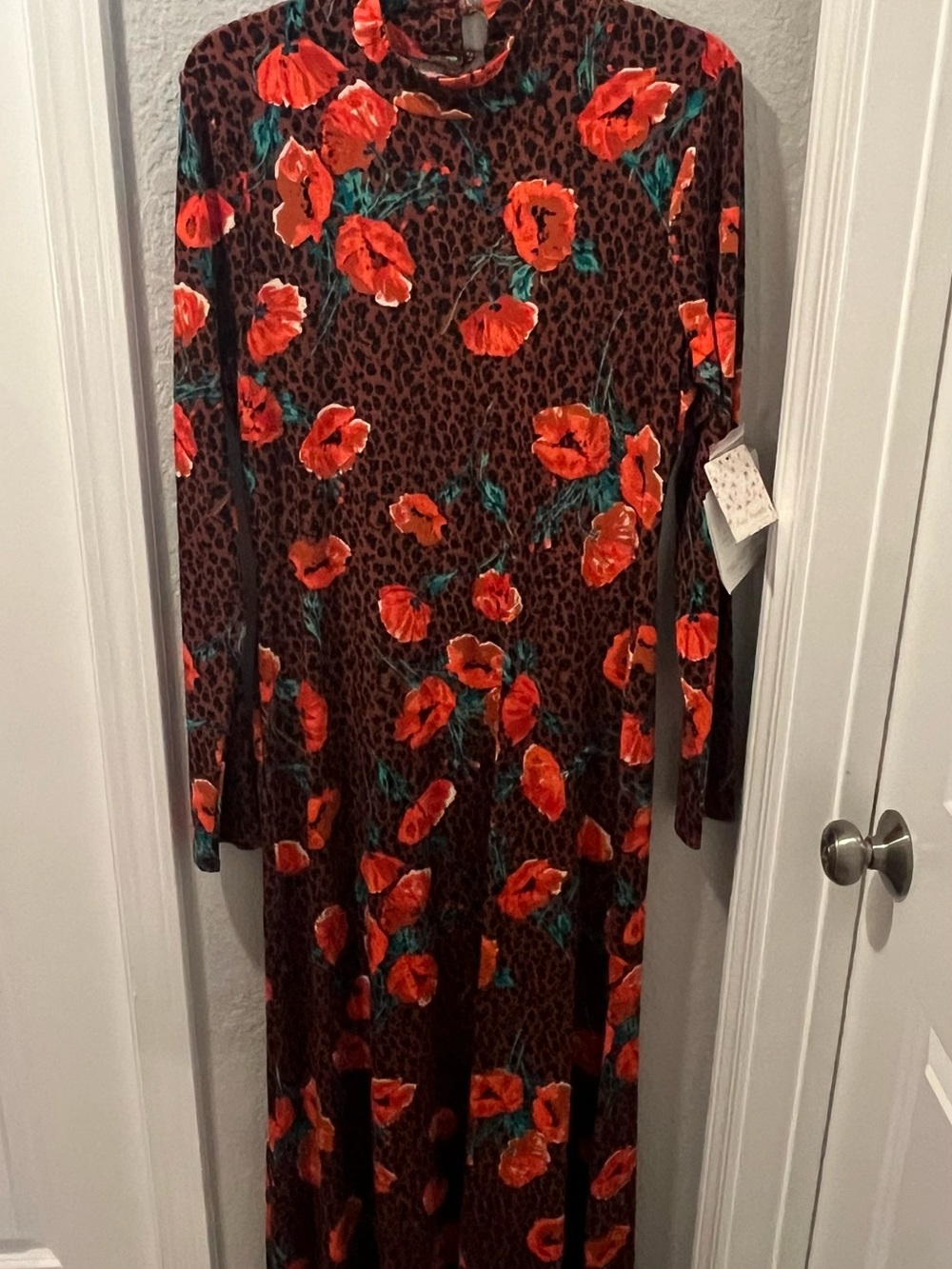Adorable Free People Long Sleeve Dress in Leopard with Red/Orange Floral